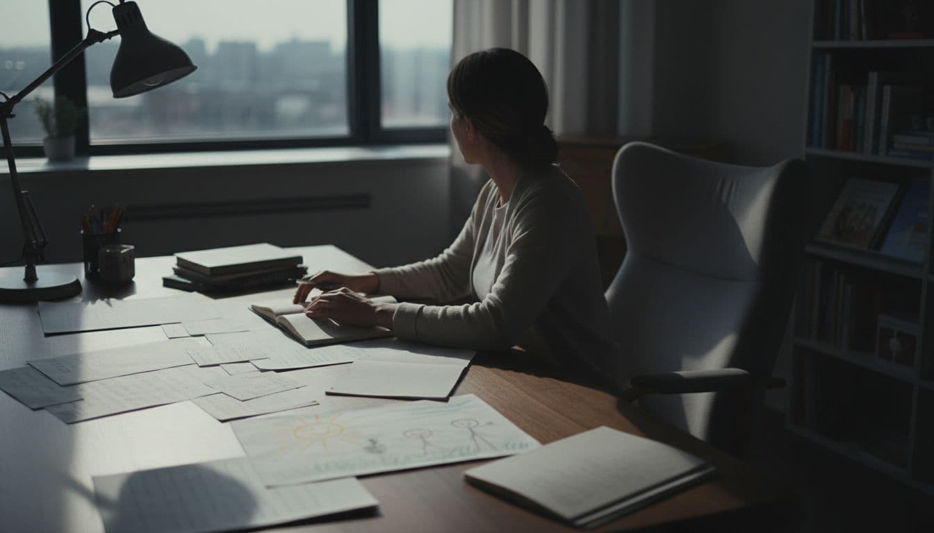 Quiet office of a child psychologist with a desk scattered with notes and a child's drawing, featuring soft dramatic side lighting from a lamp that creates strong contrasts and deep shadows in a cinematic style with depth of field.