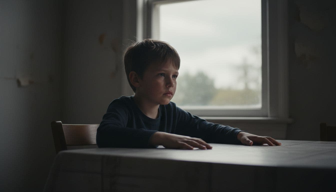 A thoughtful 8-year-old child sitting alone at a kitchen table, gazing out a window with a worried expression, illuminated by dramatic lighting creating strong contrasts and shadows in a cinematic style.