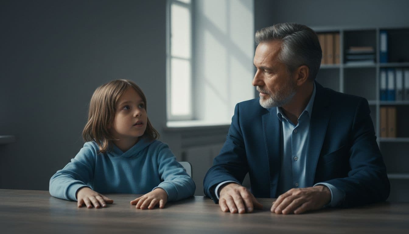 Suited advocate sits at wooden table with curious 8-year-old child in quiet court office.