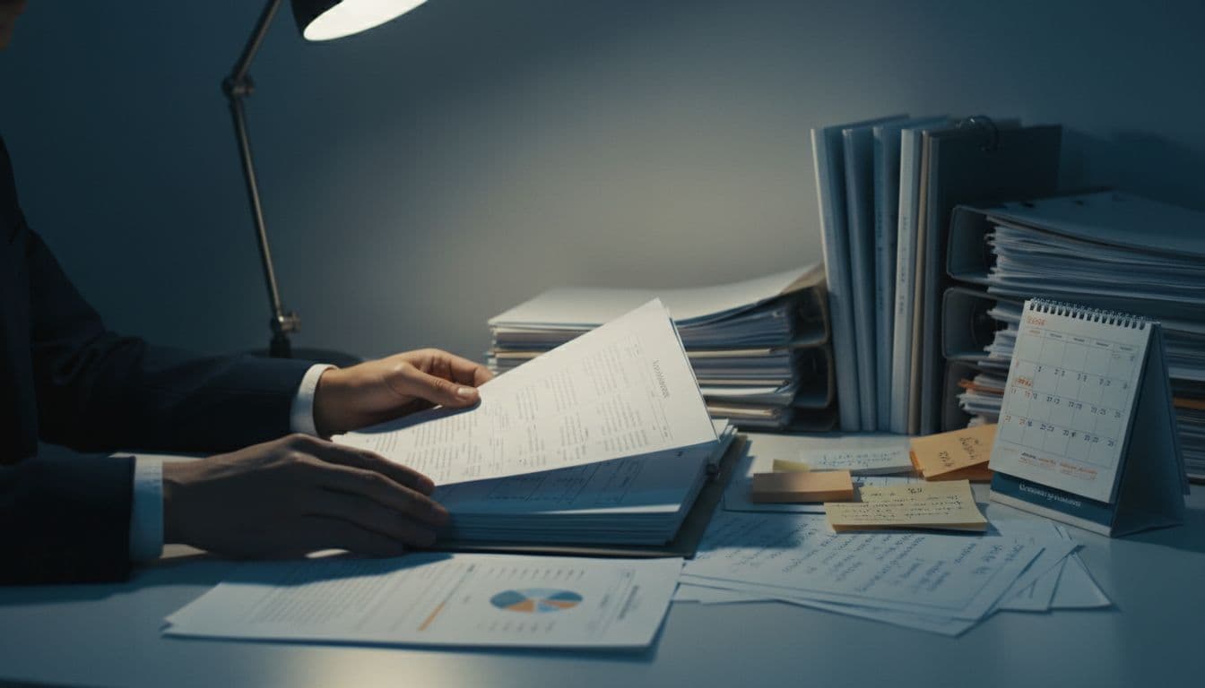 Hands arrange multiple documents side by side on a desk lit by a lamp, with file stacks, notes, and calendar nearby.