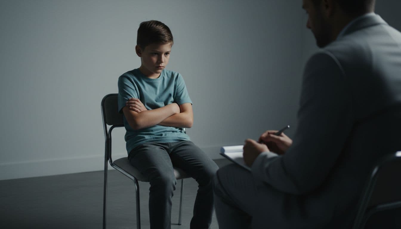 Young child with crossed arms and hesitant expression sits across from adult interviewer in plain room.