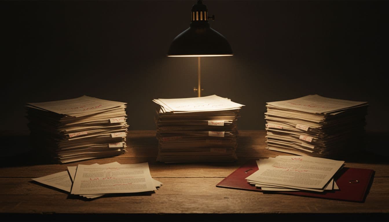 Three stacks of papers with red pen marks and one folder on wooden desk under desk lamp, shadows adding depth.