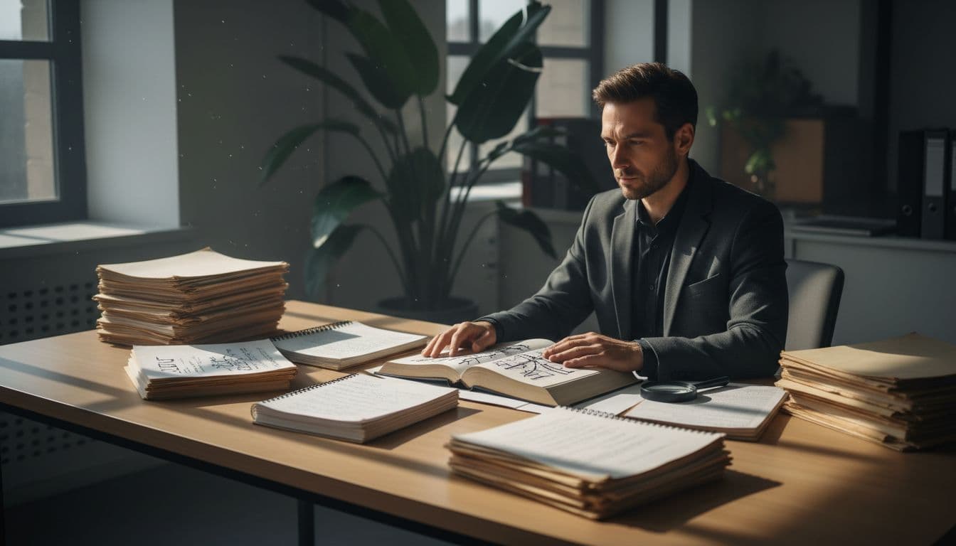 Psychologist at modern office desk reviews court files and notes on child custody case.