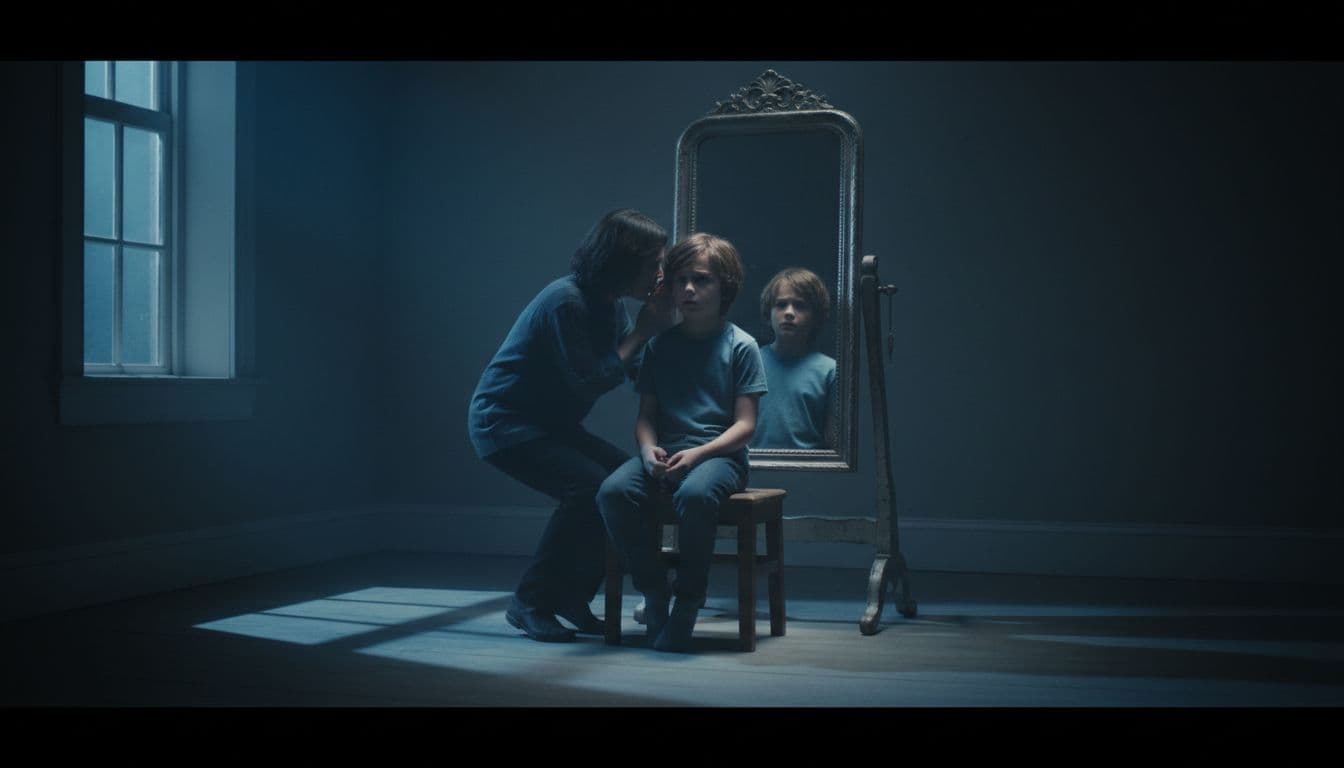 Shadowy figure whispers into ear of confused child sitting before mirror in dark room.
